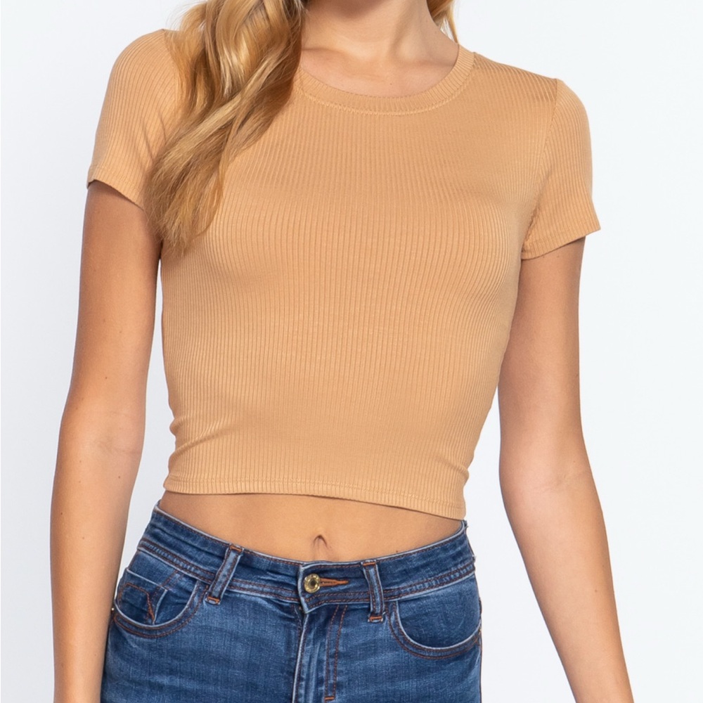 Tan Ribbed Short Sleeve Top - MEDIUM - Picture 5 of 8